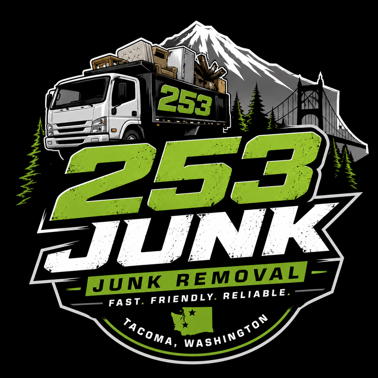 253 Junk logo — junk removal truck with Mount Rainier and the Tacoma Narrows Bridge, Tacoma, Washington
